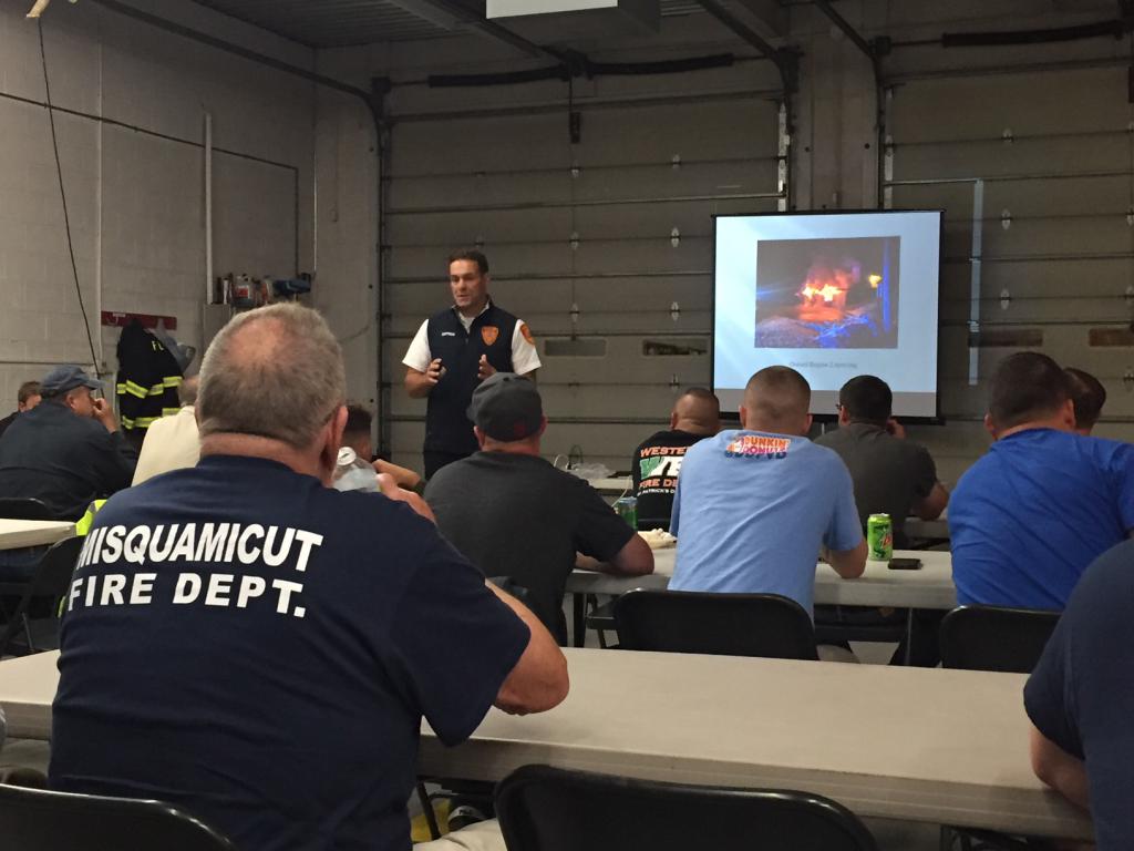 Captain Justin Brigham of the Auburn Fire Department presents &quot;Surviving MY Mayday&quot; to members of the Southern League